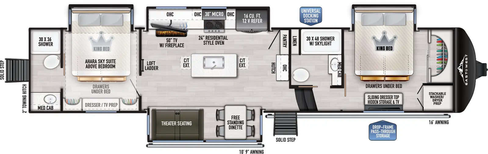The Ahara 390DS floorplan has two entries and four slide outs. Exterior features include: fiberglass exterior and 10'9" & 16' awning. Interiors features include: loft, kitchen island, free-standing dinette option, front bedroom, rear bedroom, two bedrooms, rear bathroom and two full bathrooms.